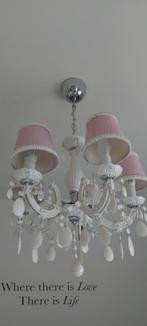 Kroonluchter met roze wit gestippelde kapjes, Huis en Inrichting, Lampen | Kroonluchters, Brocant, Zo goed als nieuw, Ophalen