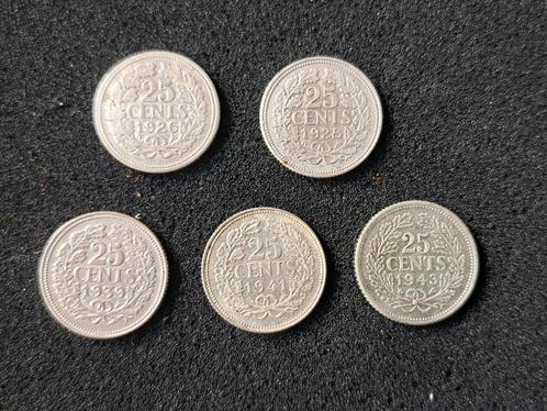 Zilveren 25 Cent - Wilhelmina - Set van 5, Postzegels en Munten, Munten | Nederland, Losse munt, 25 cent, Koningin Wilhelmina