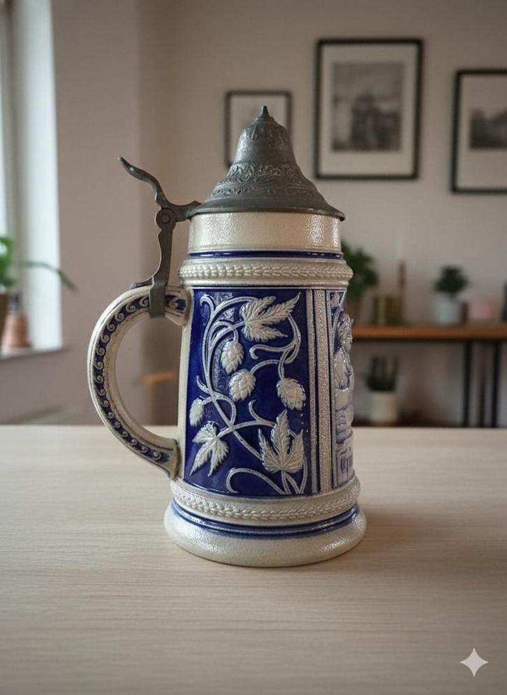 Vintage Duitse Bierpul Steengoed Tinnen Deksel, Antiek en Kunst, Antiek | Keramiek en Aardewerk, Ophalen of Verzenden