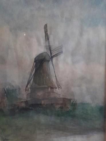 Molen. Aquarel, gemengde techniek, gesigneerd S. van Welie., Antiek en Kunst, Kunst | Schilderijen | Klassiek, Ophalen