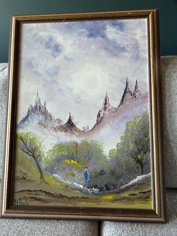 gesigneerd schilderij  van een berglandschap beschikbaar voor biedingen