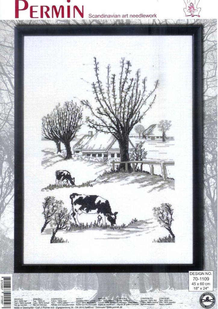 Cado permin borduurpakket weiland met koeien  1109, Hobby en Vrije tijd, Borduren en Borduurmachines, Nieuw, Borduurpakket, Handborduren