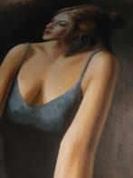 Stijlvol schilderij “Vrouw in blauwe jurk” – 65x95 cm, Antiek en Kunst, Kunst | Schilderijen | Modern, Ophalen