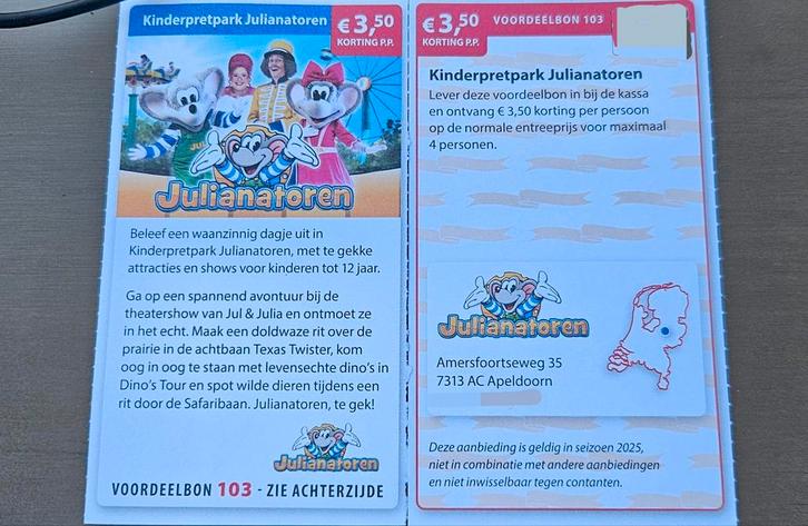 Kinderpretpark Julianatoren €3,50 korting p., Tickets en Kaartjes, Kortingen en Cadeaubonnen