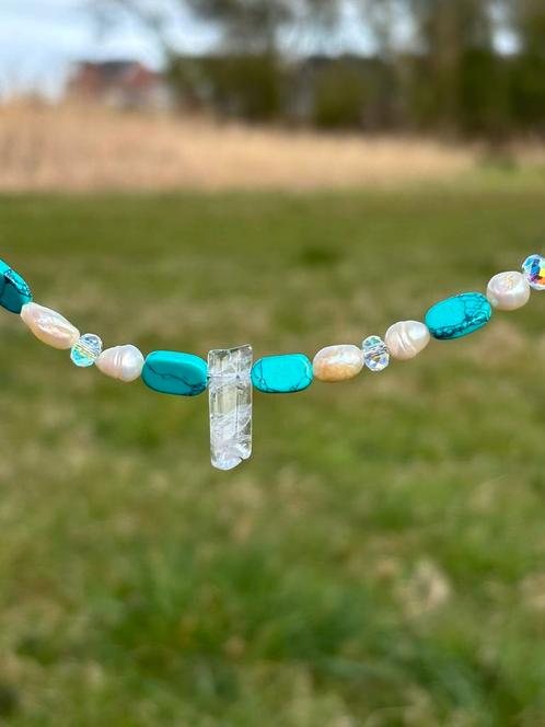Bergkristal Parels Turkoois Choker Ketting Zelfgemaakt, Sieraden, Tassen en Uiterlijk, Kettingen, Nieuw, Steen of Mineraal, Overige kleuren