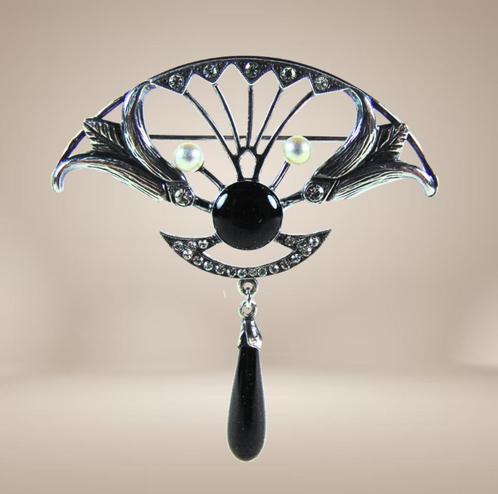 Prachtige 925 zilver JUGENDSTIL onyx en faux parel broche!, Sieraden, Tassen en Uiterlijk, Broches, Zo goed als nieuw, Zilver