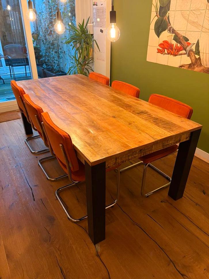 Eettafel massief mangohout 220x100, Huis en Inrichting, Tafels | Eettafels, Zo goed als nieuw, 100 tot 150 cm, 200 cm of meer