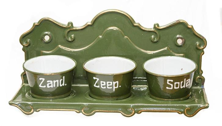 Donkergroen emaille met gouden bies Zand, zeep, soda, Antiek en Kunst, Antiek | Emaille, Ophalen of Verzenden