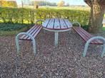 Houten Picknicktafel met Metalen Onderstel, Gebruikt, Ovaal, Hout, Ophalen