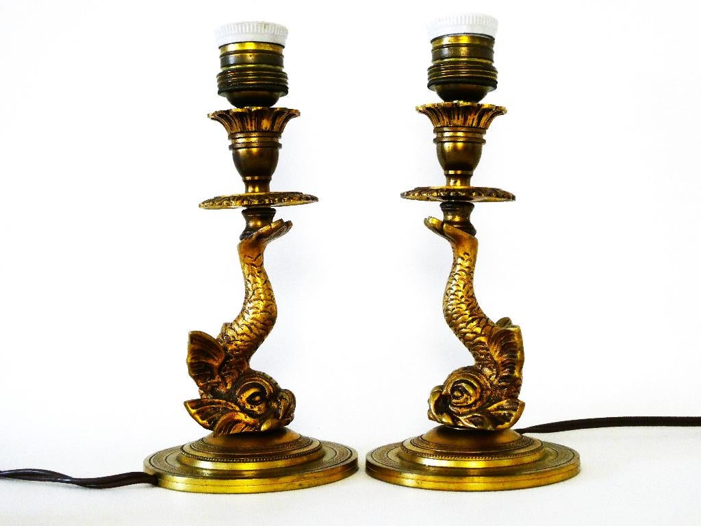 Set van 2 bronzen tafellampen schemerlamp met vis koi karper, Ophalen of Verzenden