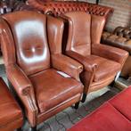 Oorfauteuil in schapenleer cognac kleur lichtbruin, Ophalen, Gebruikt, Chesterfield, schapenleer, Leer