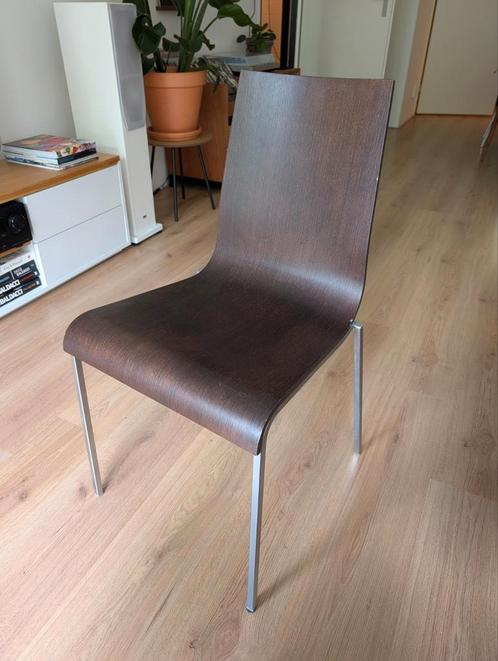 Bruine design stoelen, 6 stuks, houten zitting, stalen frame, Huis en Inrichting, Stoelen, Zo goed als nieuw, Bruin, Ophalen