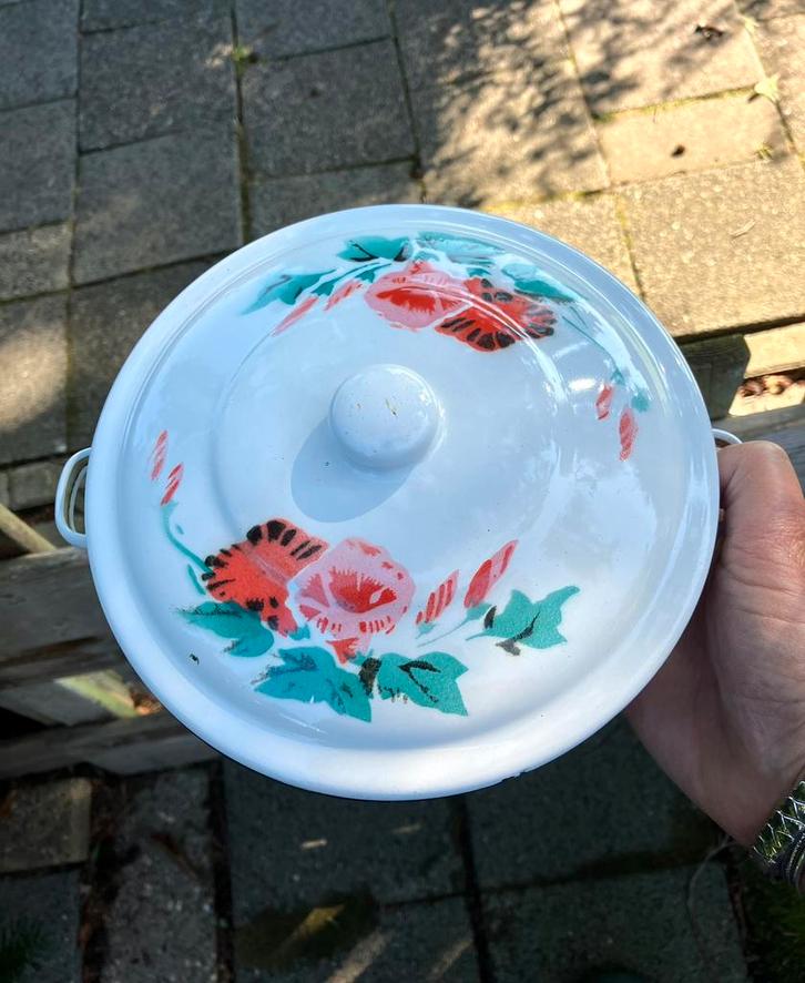 Vintage Emaille Dekschaal met Bloemen 🌺🌸, Antiek en Kunst, Antiek | Emaille, Ophalen of Verzenden