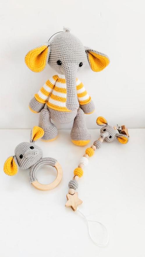 Handgemaakt Olifant Cadeauset – Amigurumi 3-delig Babypak, Kinderen en Baby's, Kraamcadeaus en Geboorteborden, Nieuw, Ophalen of Verzenden