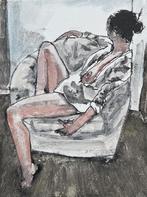 Schilderij: erotiek jonge vrouw in stoel, Ophalen of Verzenden