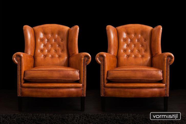 Royale chesterfield XL wingchair/oorfauteuil in schapenleer, Huis en Inrichting, Fauteuils, Nieuw, Leer, 75 tot 100 cm, 75 tot 100 cm
