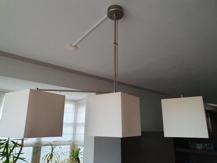 Hanglamp modern 3 lichtpunten, Huis en Inrichting, Lampen | Hanglampen, Gebruikt, 50 tot 75 cm, Metaal, Stof, Ophalen