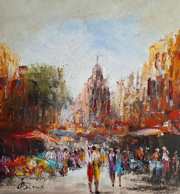 Henry Brand, (Kleurrijk stadsgezicht), Antiek en Kunst, Kunst | Schilderijen | Klassiek, Ophalen of Verzenden