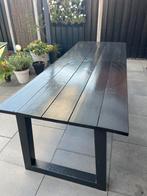 Zwarte houte tuintafel met stalenpoten, Tuin en Terras, Ophalen, Gebruikt, Rechthoekig, Hout