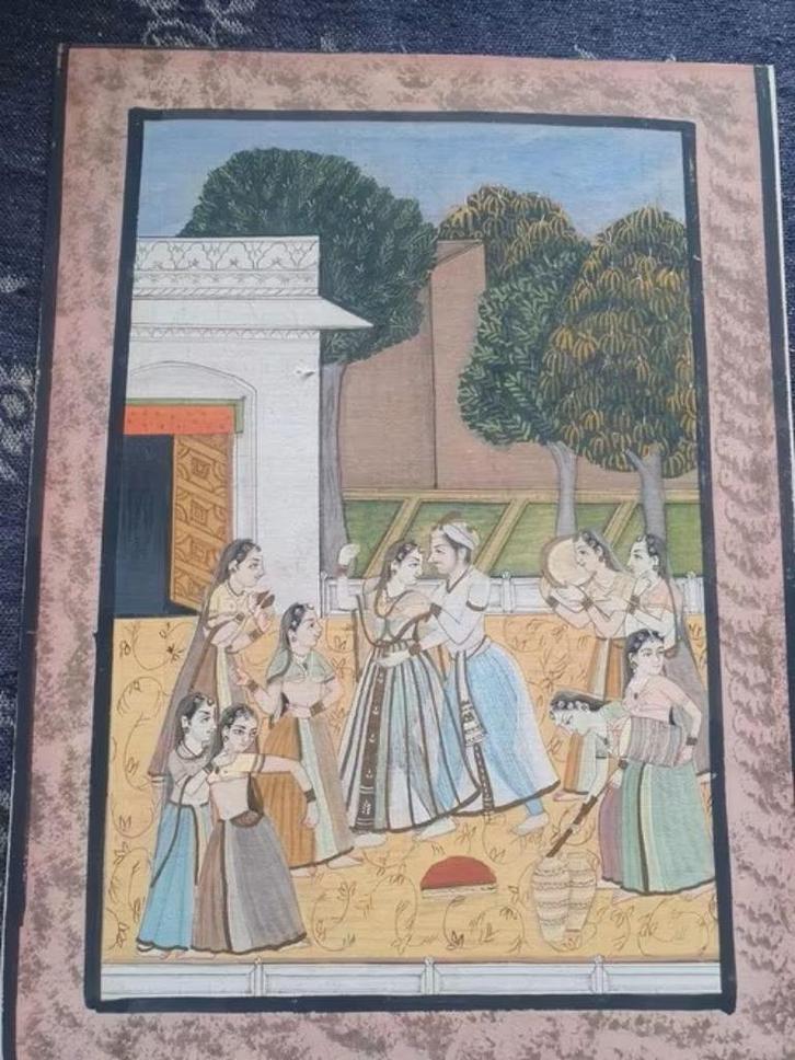 Rajastan, India miniatuur feest op zijde, prof. Ingelijst., Antiek en Kunst, Kunst | Niet-Westerse kunst, Ophalen