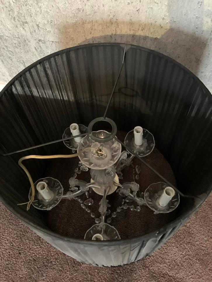 Vintage Kroonluchter 5 armen met Zwarte Lampenkap lamp, Huis en Inrichting, Lampen | Kroonluchters, Gebruikt, Glas, Ophalen