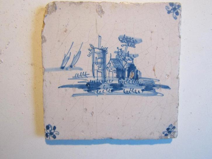 een 17e eeuwse tegel met wat huisjes op een eiland, Antiek en Kunst, Antiek | Wandborden en Tegels, Ophalen of Verzenden