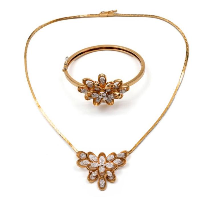 18 karaat goud collier met armband diamanten 1.40 ct. 1977, Sieraden, Tassen en Uiterlijk, Antieke sieraden, Ketting, Goud, Met edelsteen