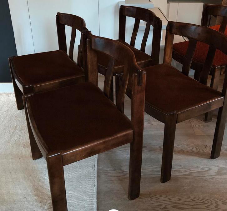 Vintage Pander Mid Century eetkamerstoelen / 4x rood 4x geel, Huis en Inrichting, Stoelen, Gebruikt, Vijf, Zes of meer stoelen