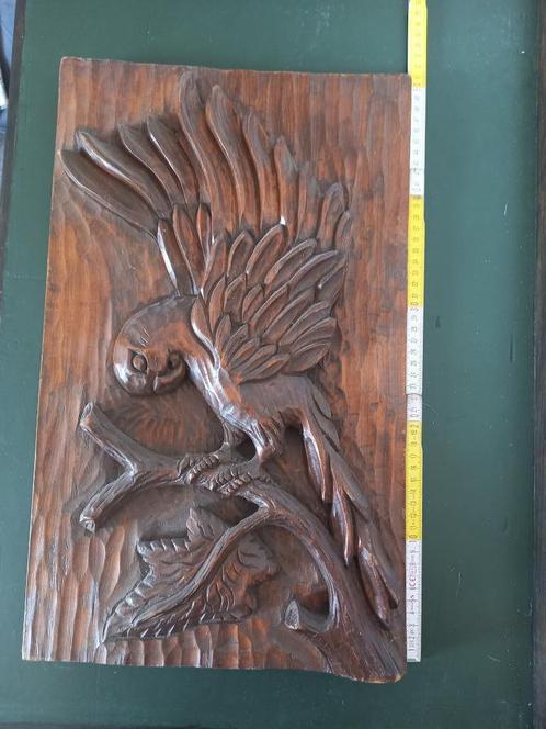 Mooi paneel van een papegaai op een tak. Maar liefst 50cm., Antiek en Kunst, Kunst | Beelden en Houtsnijwerken, Ophalen of Verzenden