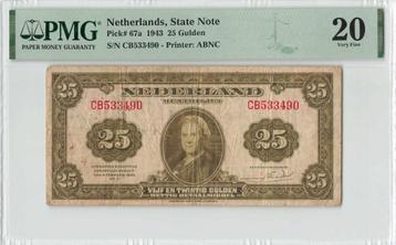 Biljet 25 gulden 1943, zeldzaam muntbiljet | PMG beschikbaar voor biedingen