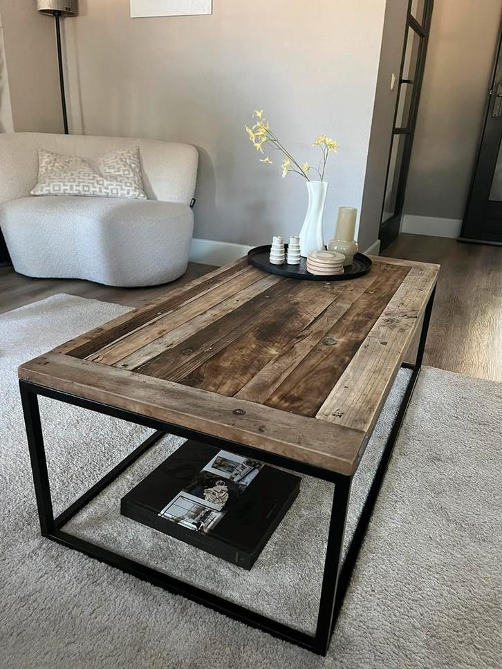 Salontafel eiken met stalen frame, Huis en Inrichting, Tafels | Salontafels, Zo goed als nieuw, Minder dan 50 cm, 50 tot 100 cm
