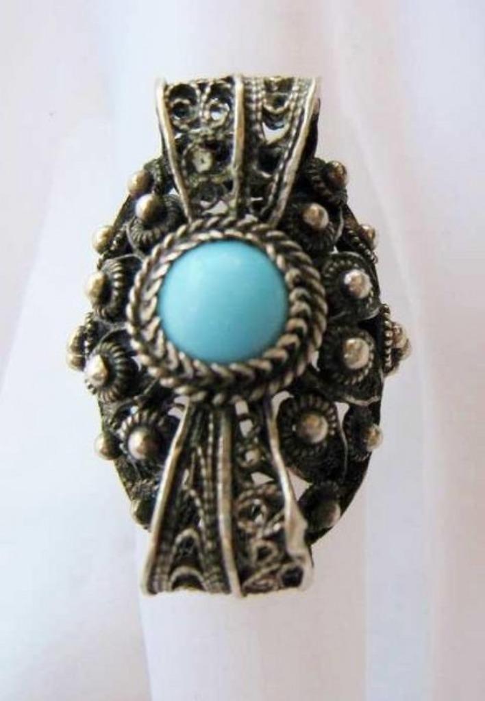 Antiek filigrain zilver ring met turkoois. (6725-1822), Sieraden, Tassen en Uiterlijk, Antieke sieraden, Ring, Zilver, Ophalen