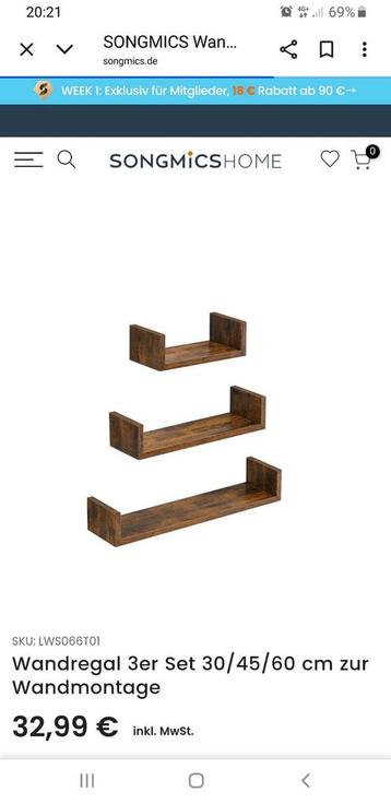 Nieuw SONGMICS Wandplankset van 3 30/45/60 cm wandmontagr beschikbaar voor biedingen