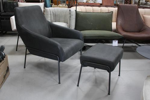 Luxe fauteuil + hocker JOLLY Jess Design echt leer antraciet, Huis en Inrichting, Fauteuils, Zo goed als nieuw, Leer, Metaal, 50 tot 75 cm