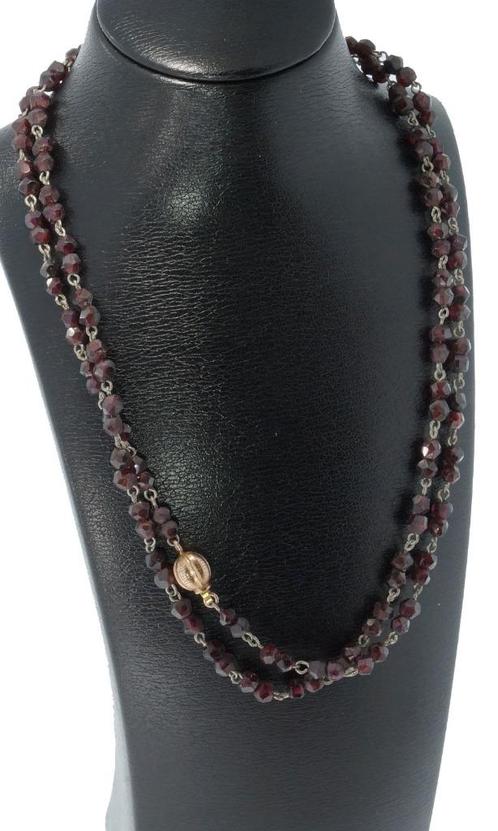 Granaten vintage ketting 14k gouden bol slot zilverdraad, Sieraden, Tassen en Uiterlijk, Antieke sieraden, Ketting, Goud, Met edelsteen