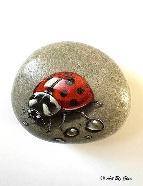 Lieveheersbeestje hand geschilderd op een riviersteen, Antiek en Kunst, Kunst | Overige Kunst, Ophalen of Verzenden