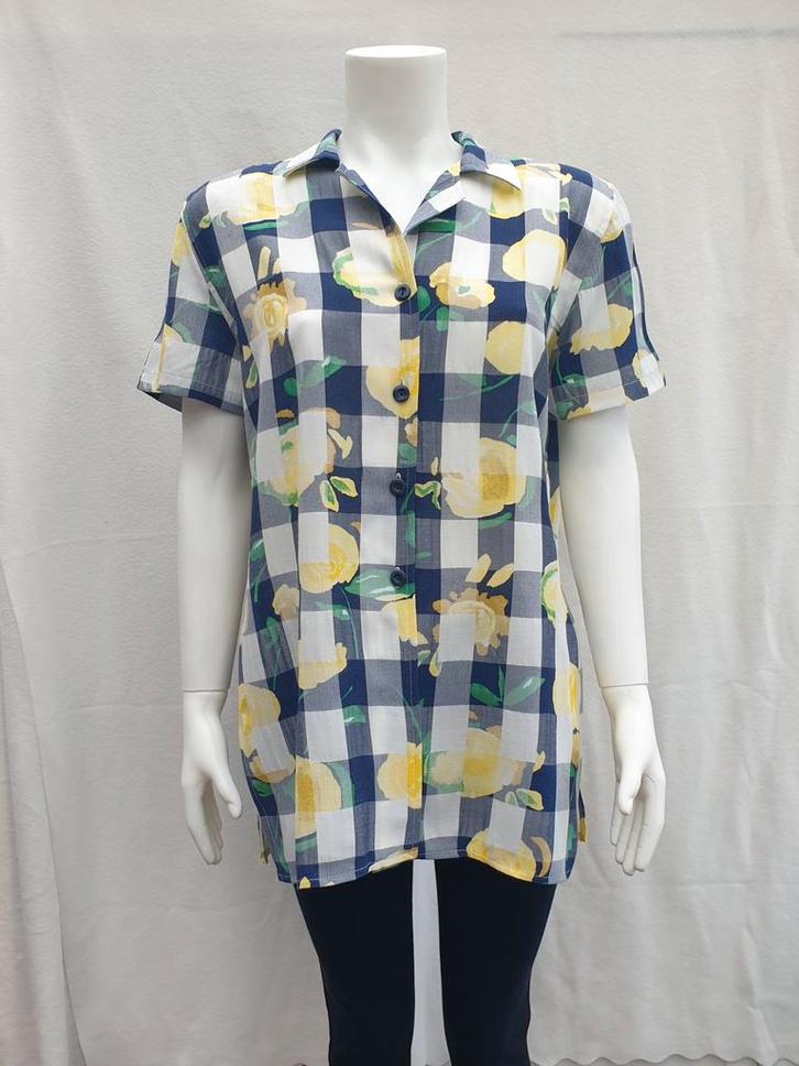 Vintage blouse, maat 40/L - geblokt - gele bloemen - 90's, Kleding | Dames, Blouses en Tunieken, Gedragen, Maat 38/40 (M), Zwart