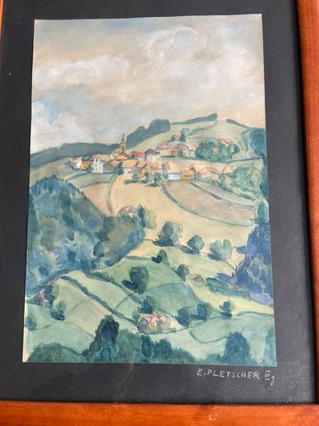 Aquarel van E. Pletscher - Dorpsgezicht Ingelijst en Gesigne beschikbaar voor biedingen