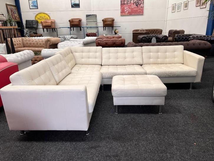 Zeer nette Off-white / Crème Leren Hoekbank incl. Hocker, Huis en Inrichting, Banken | Bankstellen, Zo goed als nieuw, Hoekbank