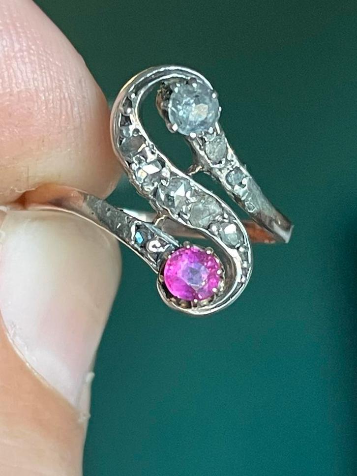 Antieke 14 k rosegouden victoriaanse ring diamanten robijn, Sieraden, Tassen en Uiterlijk, Antieke sieraden, Ophalen of Verzenden