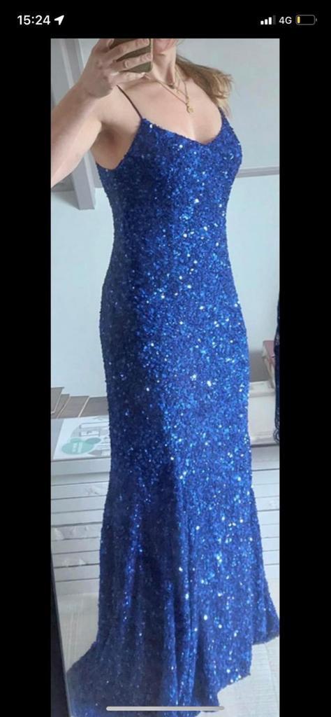 Zware blauwe galajurk - Maat S, Kleding | Dames, Jurken, Zo goed als nieuw, Maat 36 (S), Blauw, Onder de knie, Ophalen of Verzenden