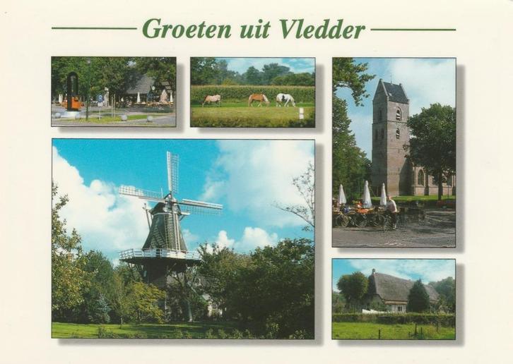 VLEDDER Centrum Molen Koeien Kerk Groeten, Verzamelen, Ansichtkaarten | Nederland, Ongelopen, Drenthe, 1980 tot heden, Verzenden