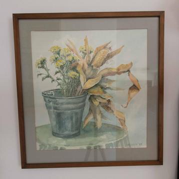 Ingelijste aquarel "Zinken emmer met planten", IAN NUY '85 beschikbaar voor biedingen