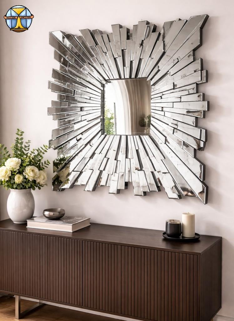 Grote Hollywood Regency Eichholtz Sunburst Spiegel 120x120cm, Ophalen of Verzenden, Vierkant, 100 tot 150 cm, 100 tot 150 cm
