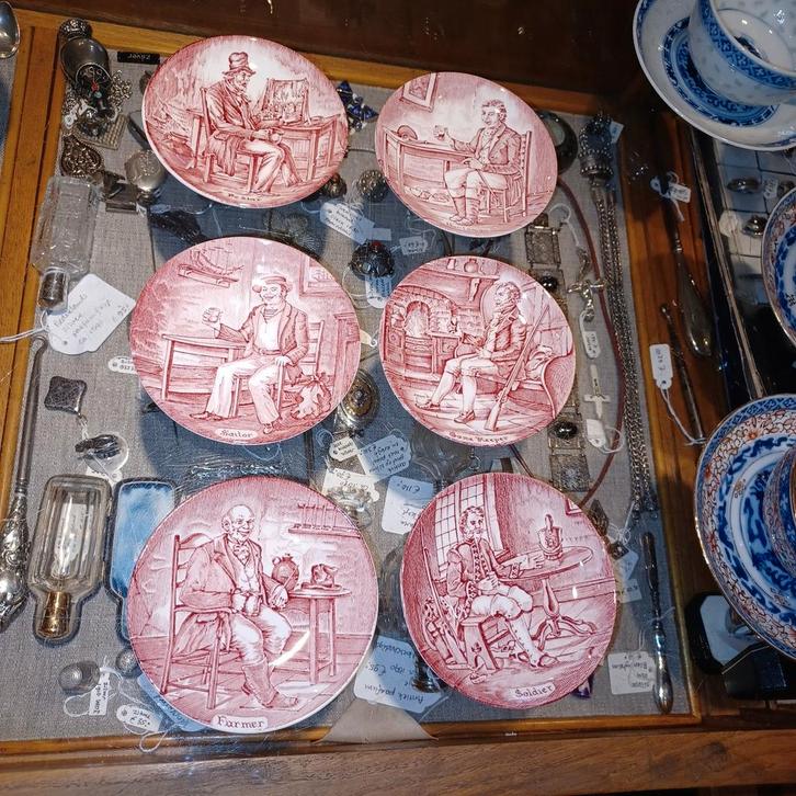 6 kleine bordjes Enoch Wedgwood rood - Huntsman Pedlar, Antiek en Kunst, Antiek | Servies los, Ophalen of Verzenden