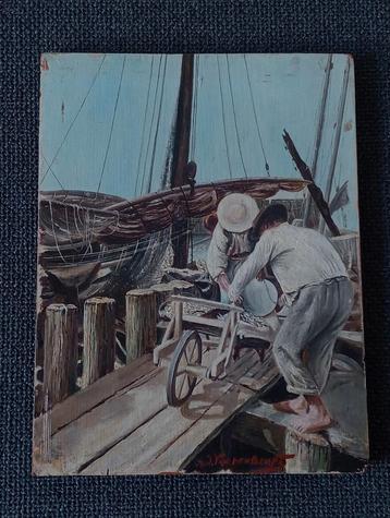 Olie op paneel - uitladen van de boot -AJ van den Bempt  beschikbaar voor biedingen