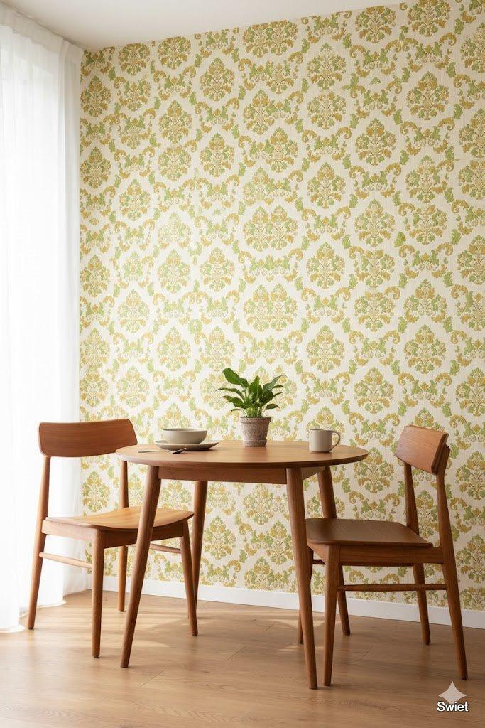 6785 Vintage behang olijsgroen barok dessin fris licht swiet, Huis en Inrichting, Stoffering | Behang, minder dan 10 m², Ophalen of Verzenden