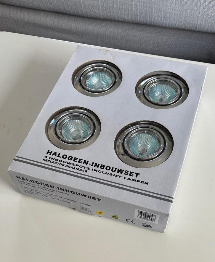 Halogeen inbouwset 4x spots, Huis en Inrichting, Lampen | Spots, Nieuw, Plafondspot of Wandspot, Metaal of Aluminium, Halogeen