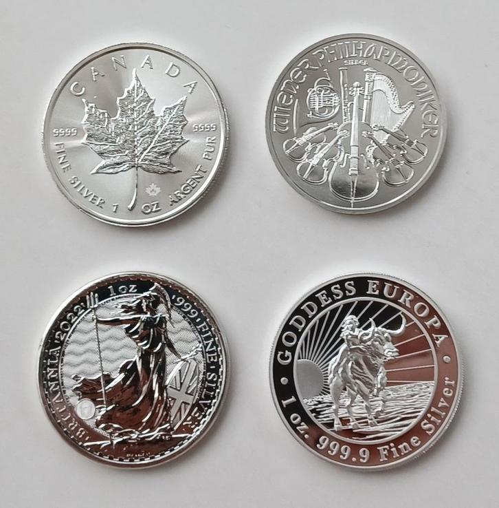 4 stuks 1 ounce munten, Postzegels en Munten, Edelmetalen en Baren, Zilver, Ophalen of Verzenden