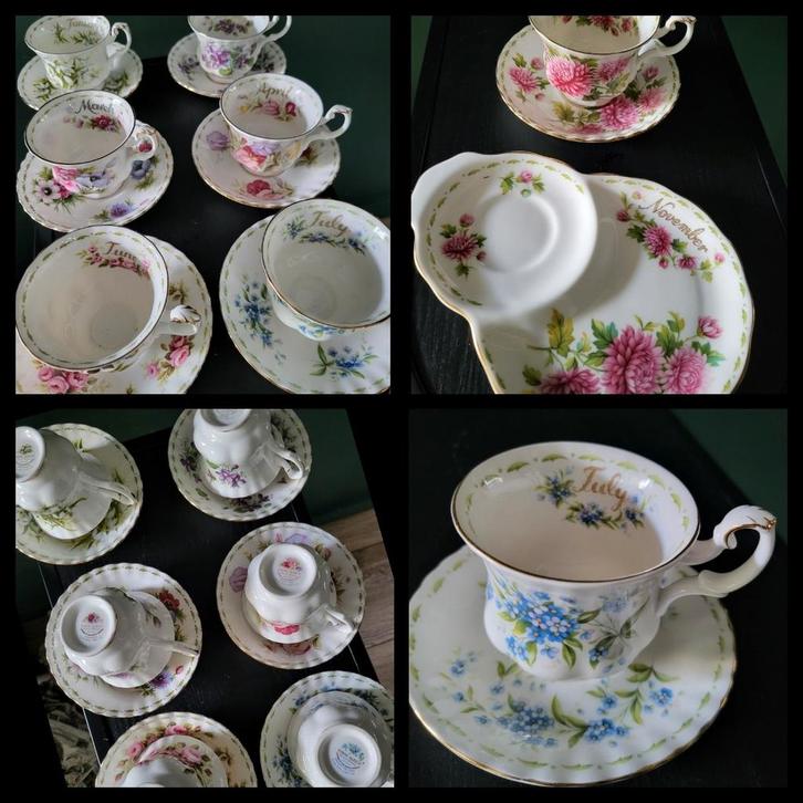 Prachtige Royal Albert “Flower of the Month” set. 7 mnd!, Huis en Inrichting, Keuken | Servies, Zo goed als nieuw, Kop(pen) en/of Schotel(s)